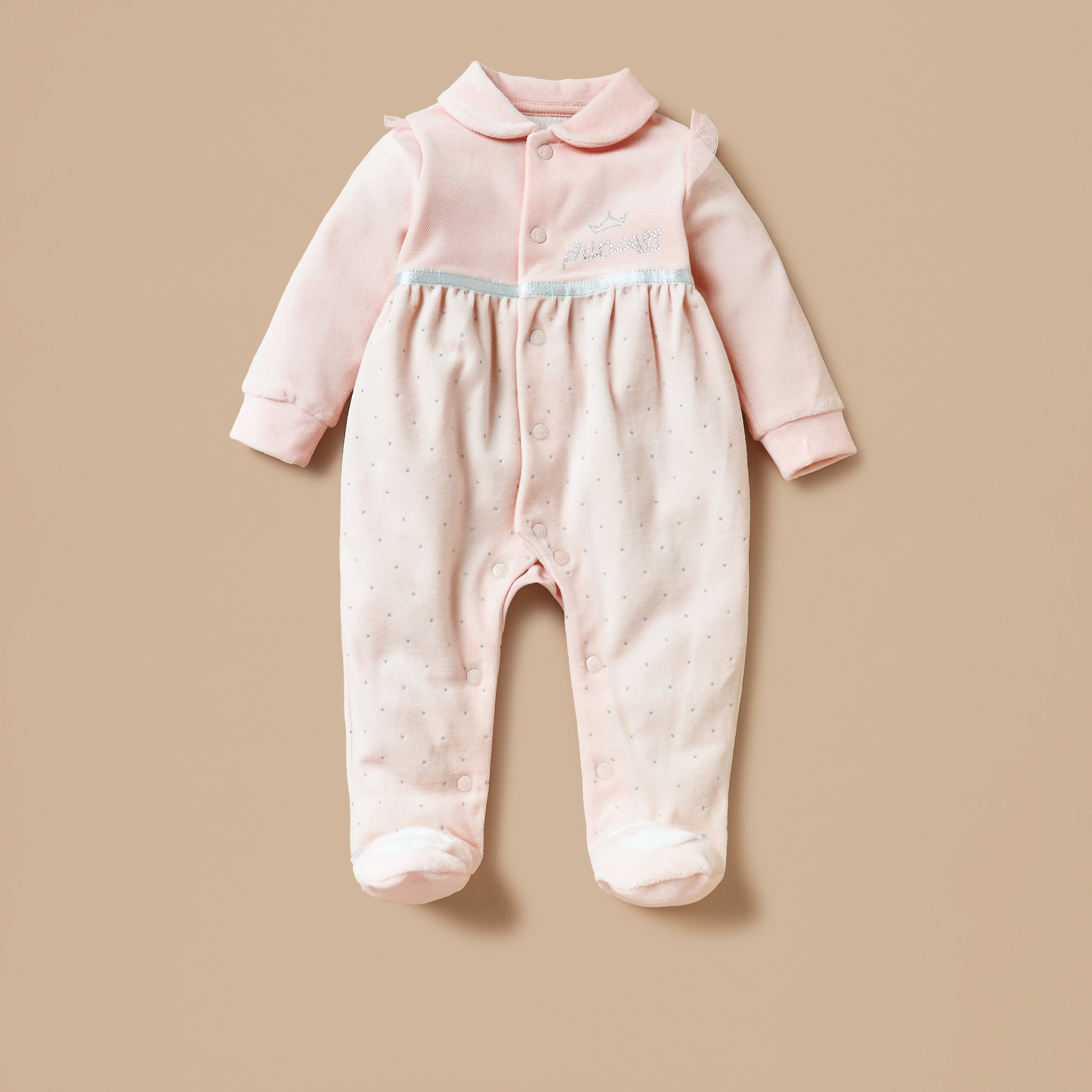 Giggles Embellished Velour Closed Feet Sleepsuit with Button Closure - Pink / 9-12 mths