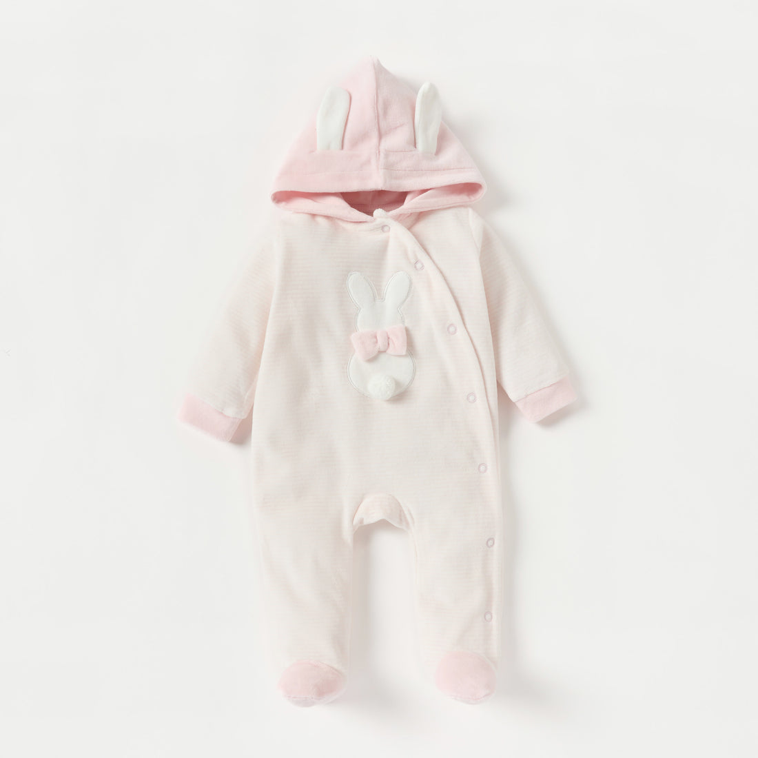 Juniors Rabbit Applique Velour Closed Feet Hooded Sleepsuit with Button Closure - Pink / 9-12 mths