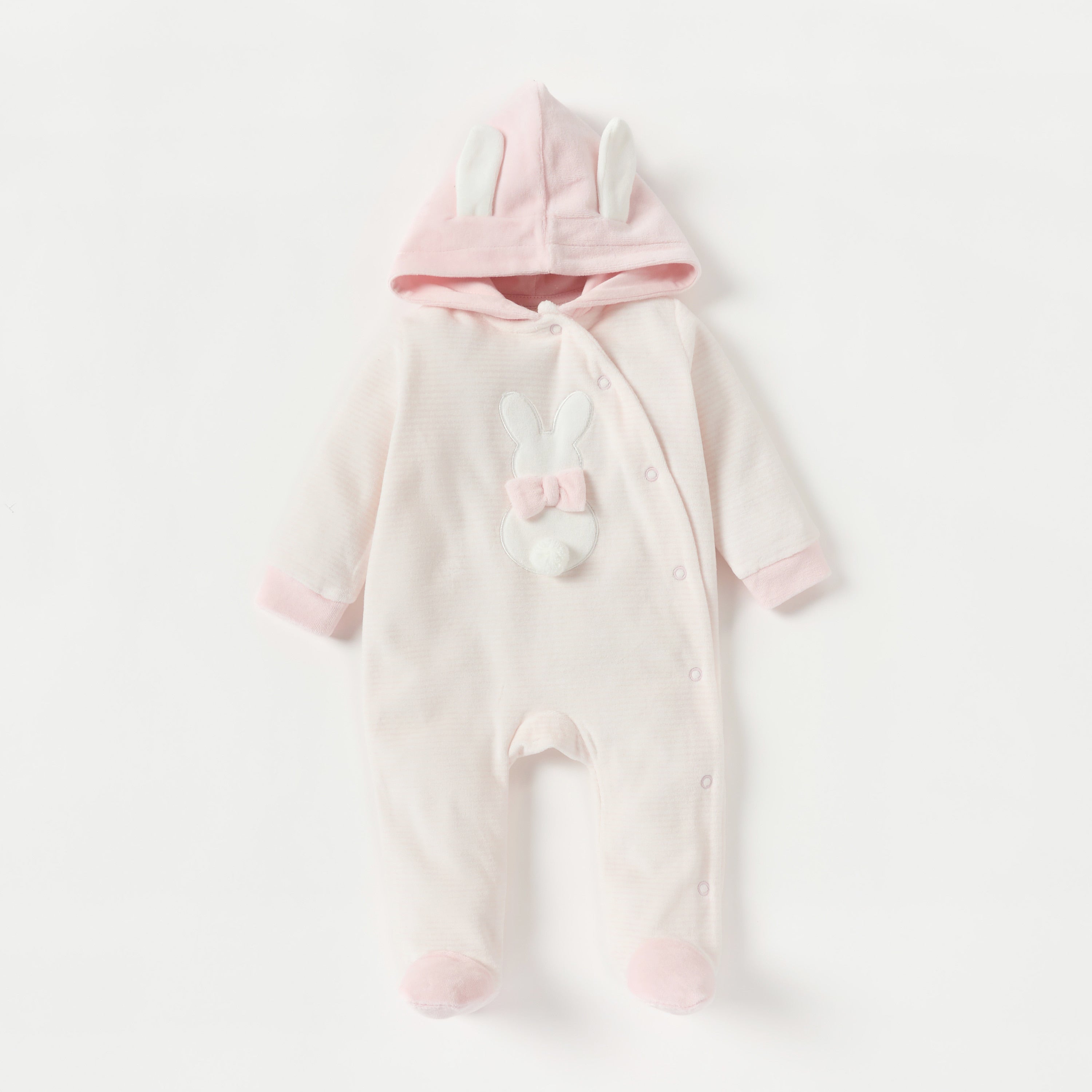 Juniors Rabbit Applique Velour Closed Feet Hooded Sleepsuit with Button Closure - Pink / 9-12 mths