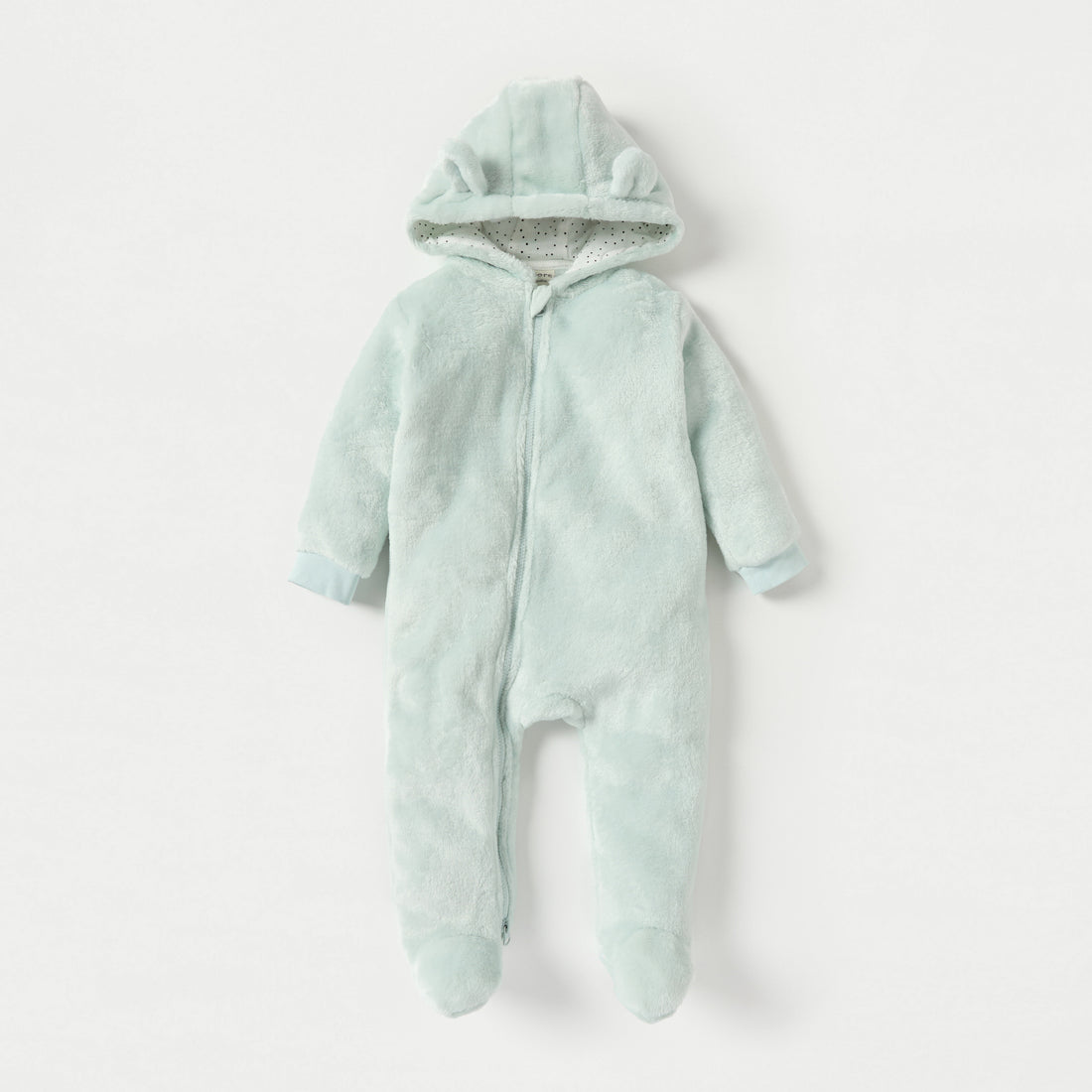 Juniors Solid Fleece Closed Feet Hooded Sleepsuit with Zip Closure and Ear Applique - Green / 9-12 mths