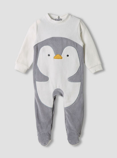 Juniors Penguin Detail Velour Closed Feet Sleepsuit with Cap-baby-boys-clothing-nightwear-sleepsuits-image-2
