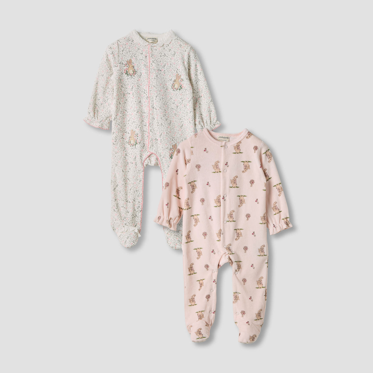 Juniors Bunny Print Velour Closed Feet Sleepsuit with Button Closure - Set of 2