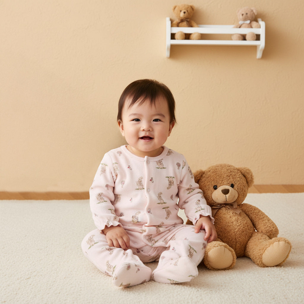 Juniors Bunny Print Velour Closed Feet Sleepsuit with Button Closure - Set of 2