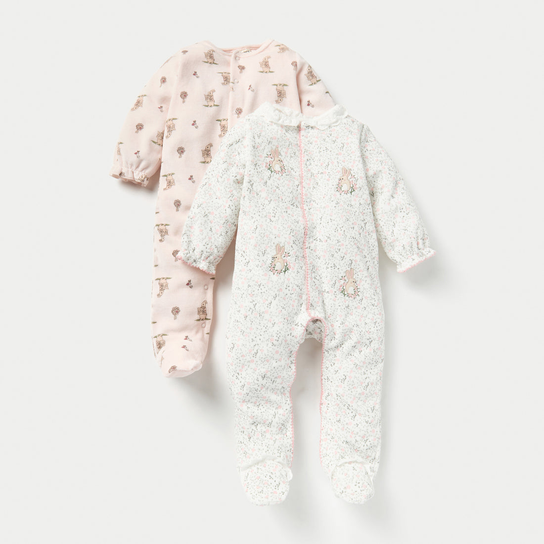 Juniors Bunny Print Velour Closed Feet Sleepsuit with Button Closure - Set of 2