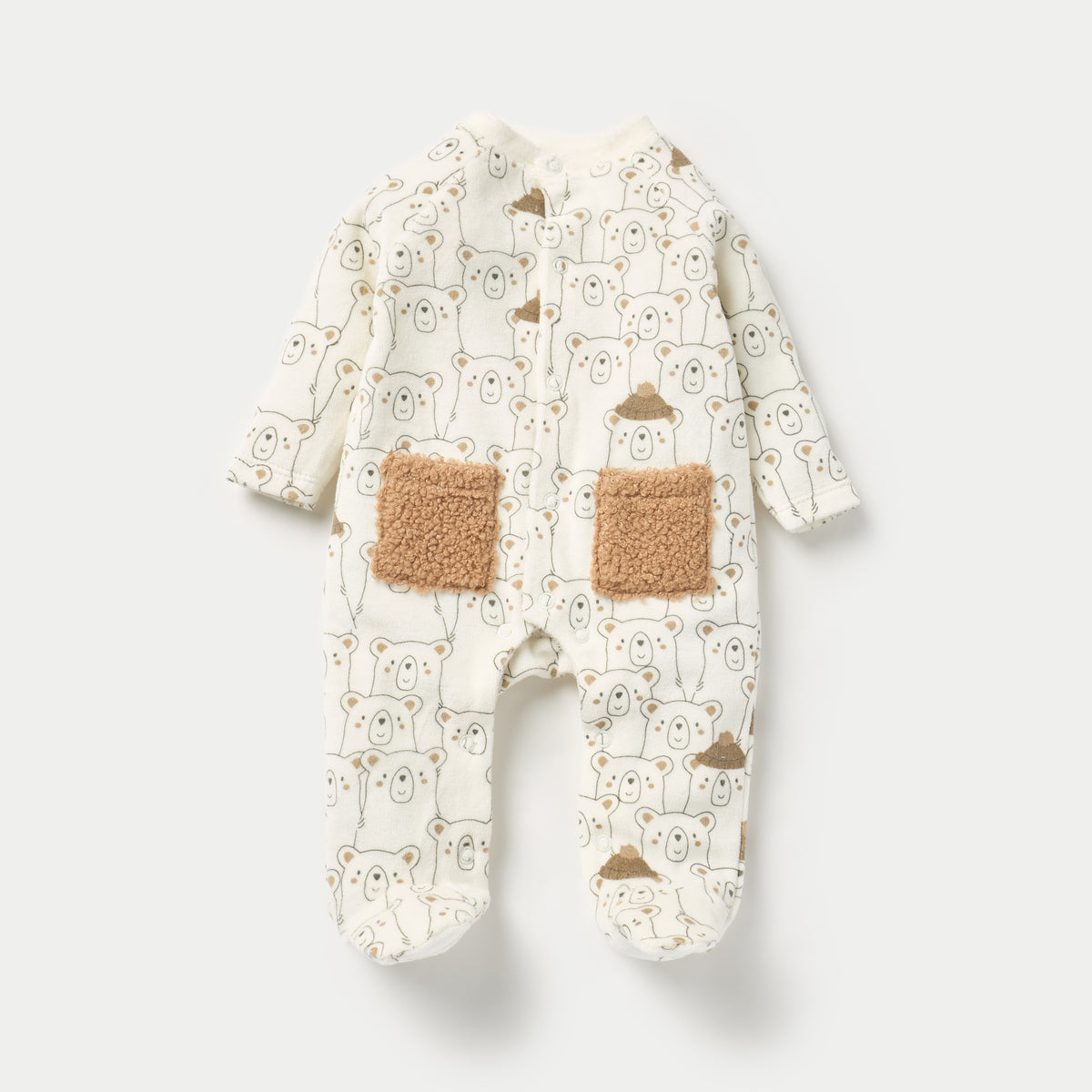 Juniors Bear Print Velour Closed Feet Sleepsuit with Button Closure - Set of 2