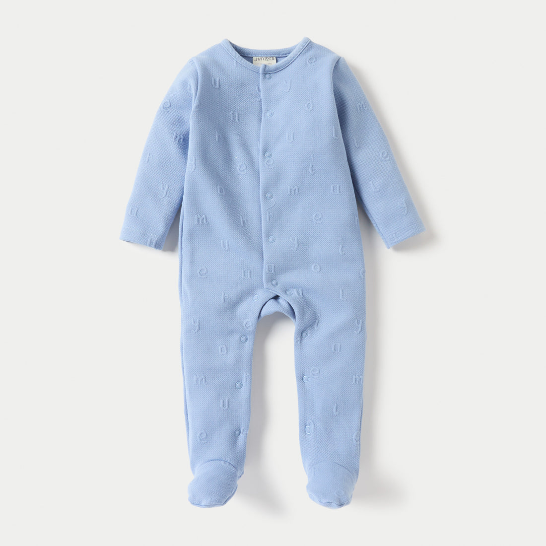 Juniors Alphabet Embossed Closed Feet Sleepsuit- with Button Closure - Blue / 9-12 mths