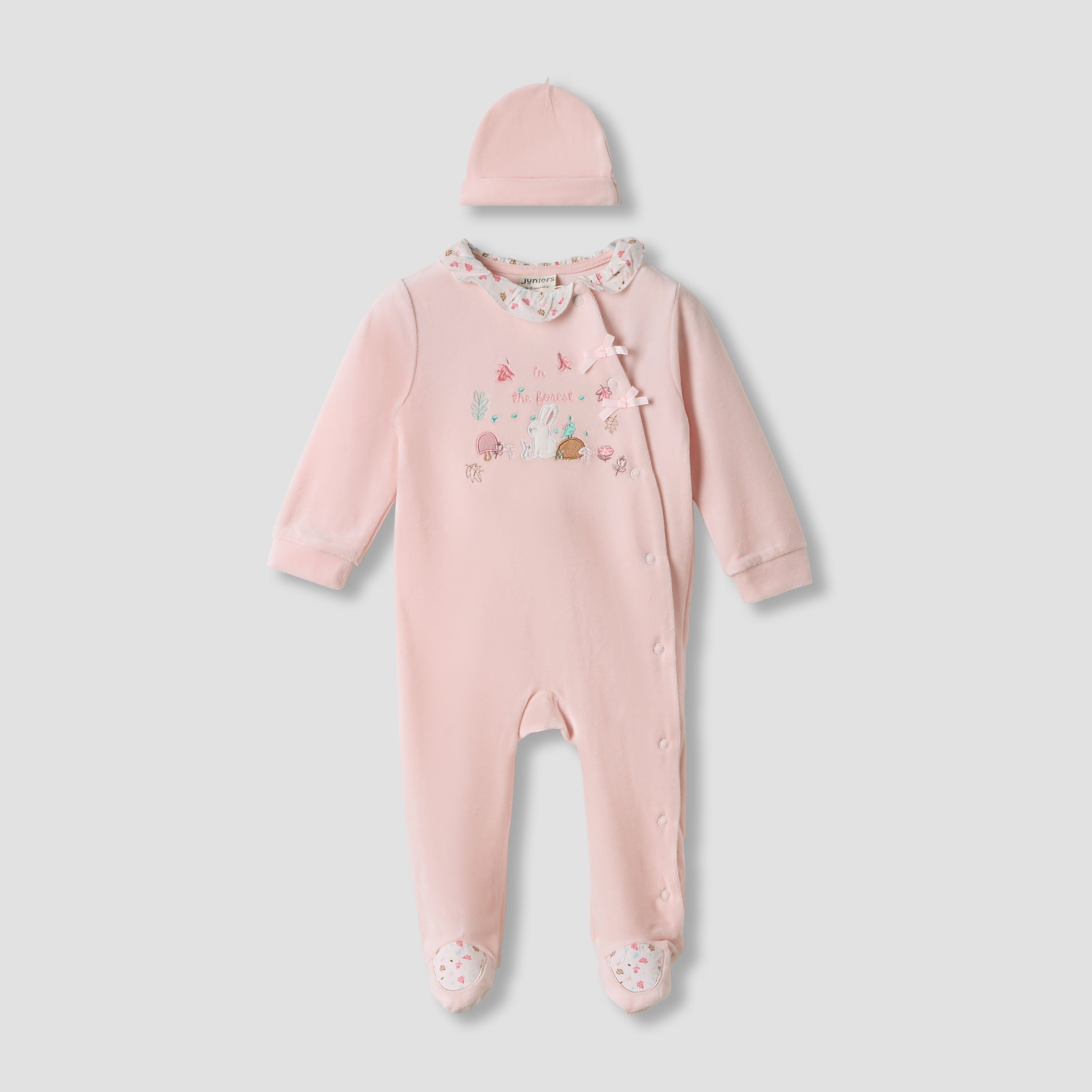 Juniors Embroidered Velour Closed Feet Sleepsuit with Cap - Pink / 9-12 mths
