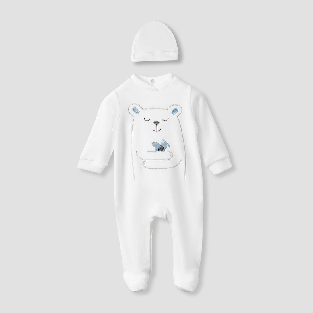 Juniors Collared Neck Sleepsuit with Beanie - Velour - Long Sleeves - White / 9-12 mths