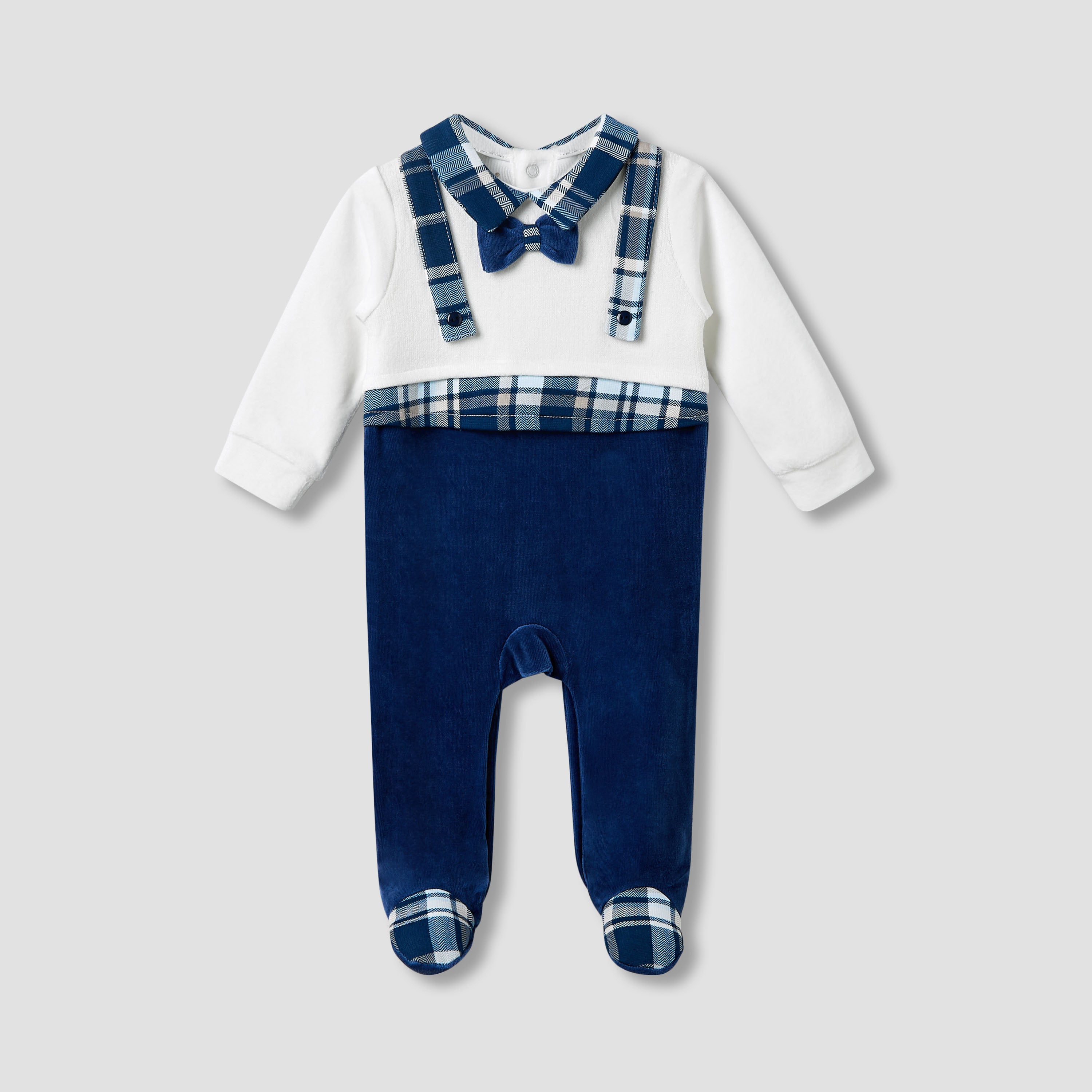 Giggles Collared Sleepsuit with Closed Feet - Velour - Long Sleeves - Blue / 9-12 mths