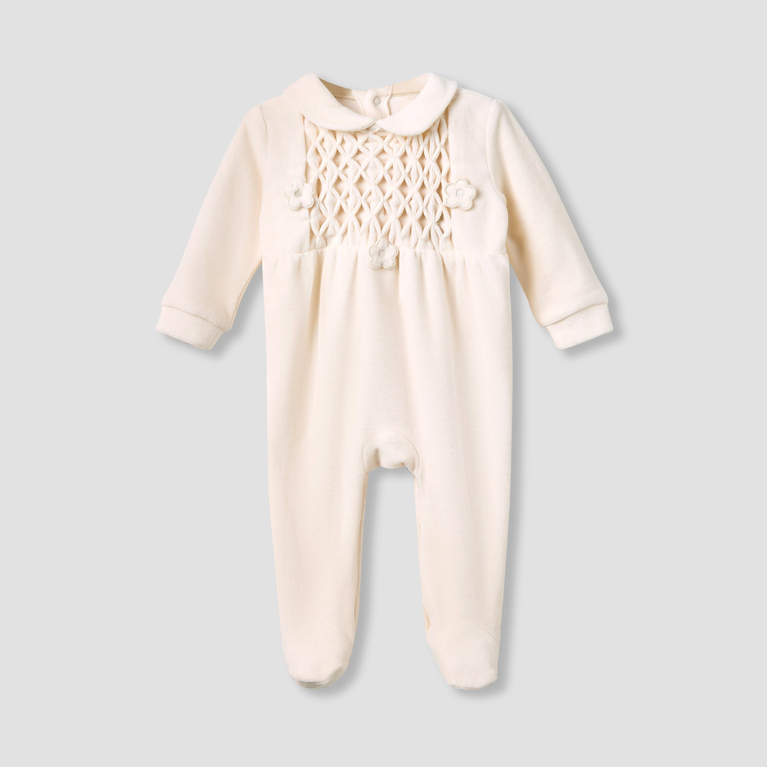 Giggles Collared Sleepsuit with Closed Feet - Velour - Long Sleeves - Cream / 9-12 mths