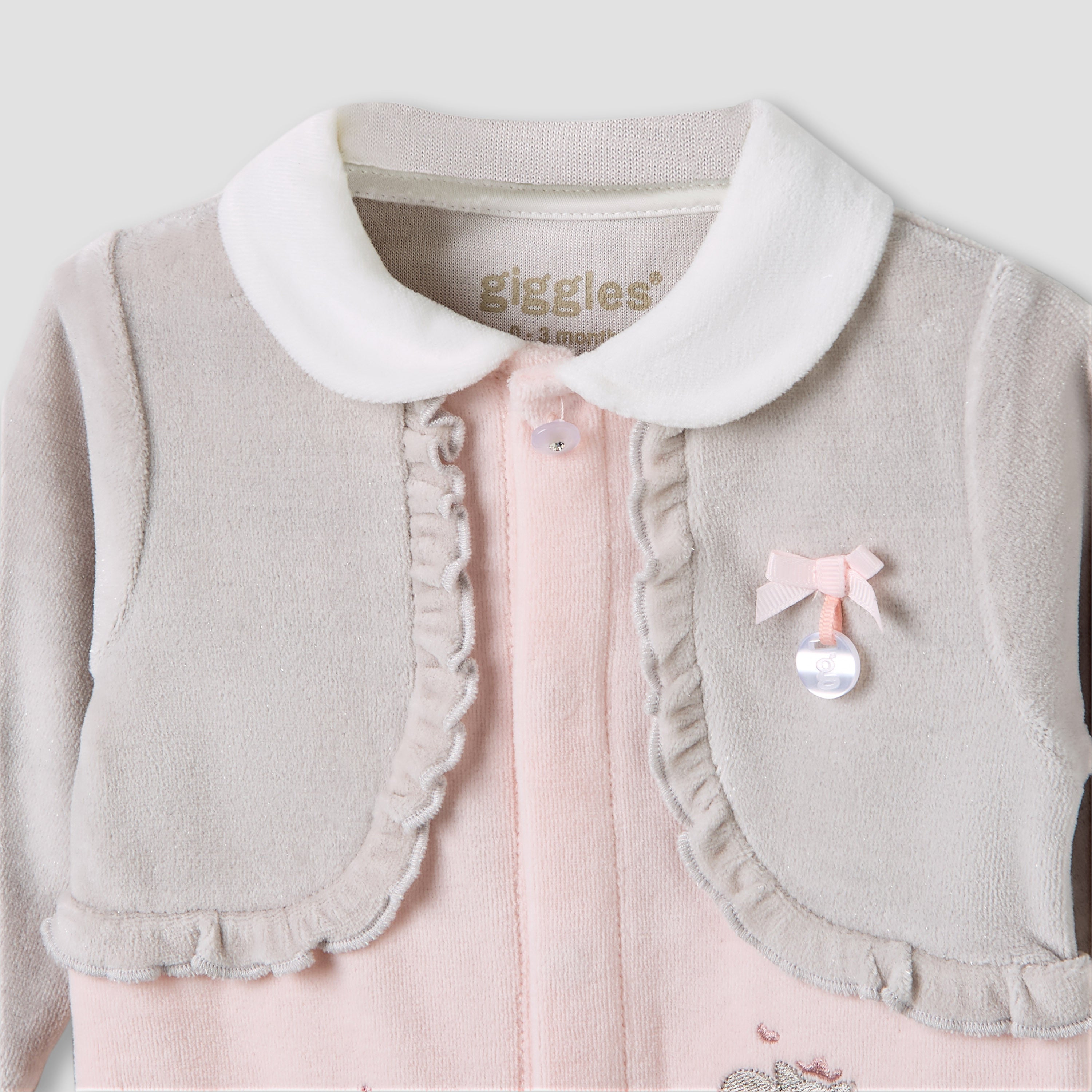 Giggles Collared Sleepsuit with Closed Feet - Velour - Long Sleeves