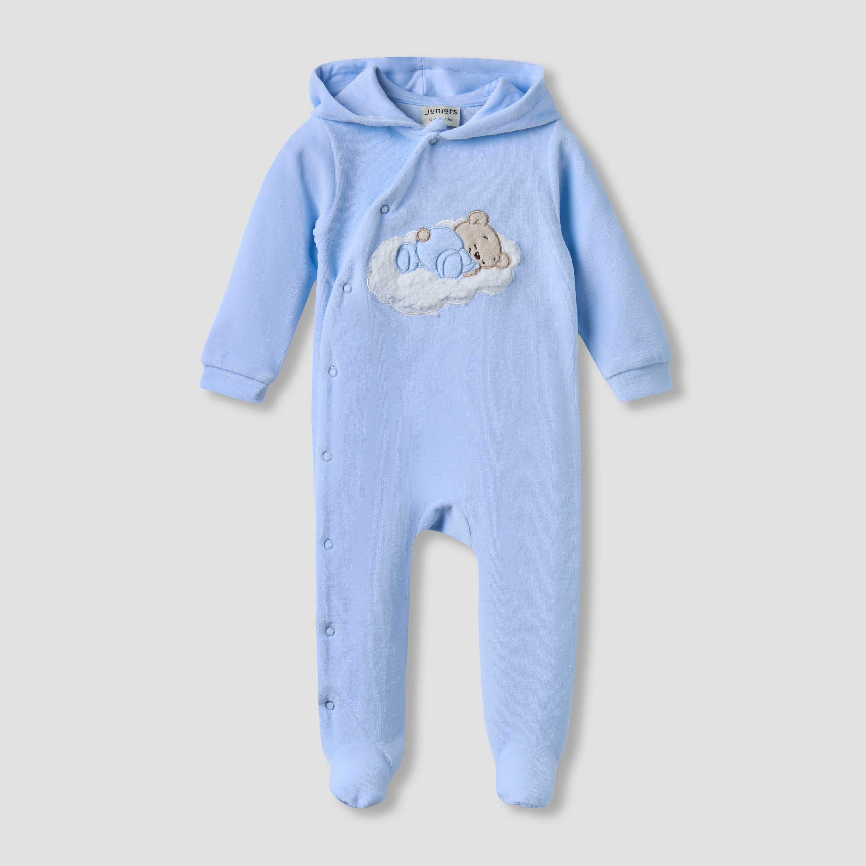Juniors Hooded Closed Foot Sleepsuit with Bear Applique - Velour - Long Sleeves - Blue / 9-12 mths