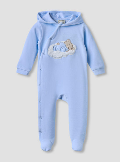 Juniors Hooded Closed Foot Sleepsuit with Bear Applique - Velour - Long Sleeves-baby-boys-clothing-nightwear-sleepsuits-image-1
