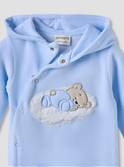 Juniors Hooded Closed Foot Sleepsuit with Bear Applique - Velour - Long Sleeves-baby-boys-clothing-nightwear-sleepsuits-image-3