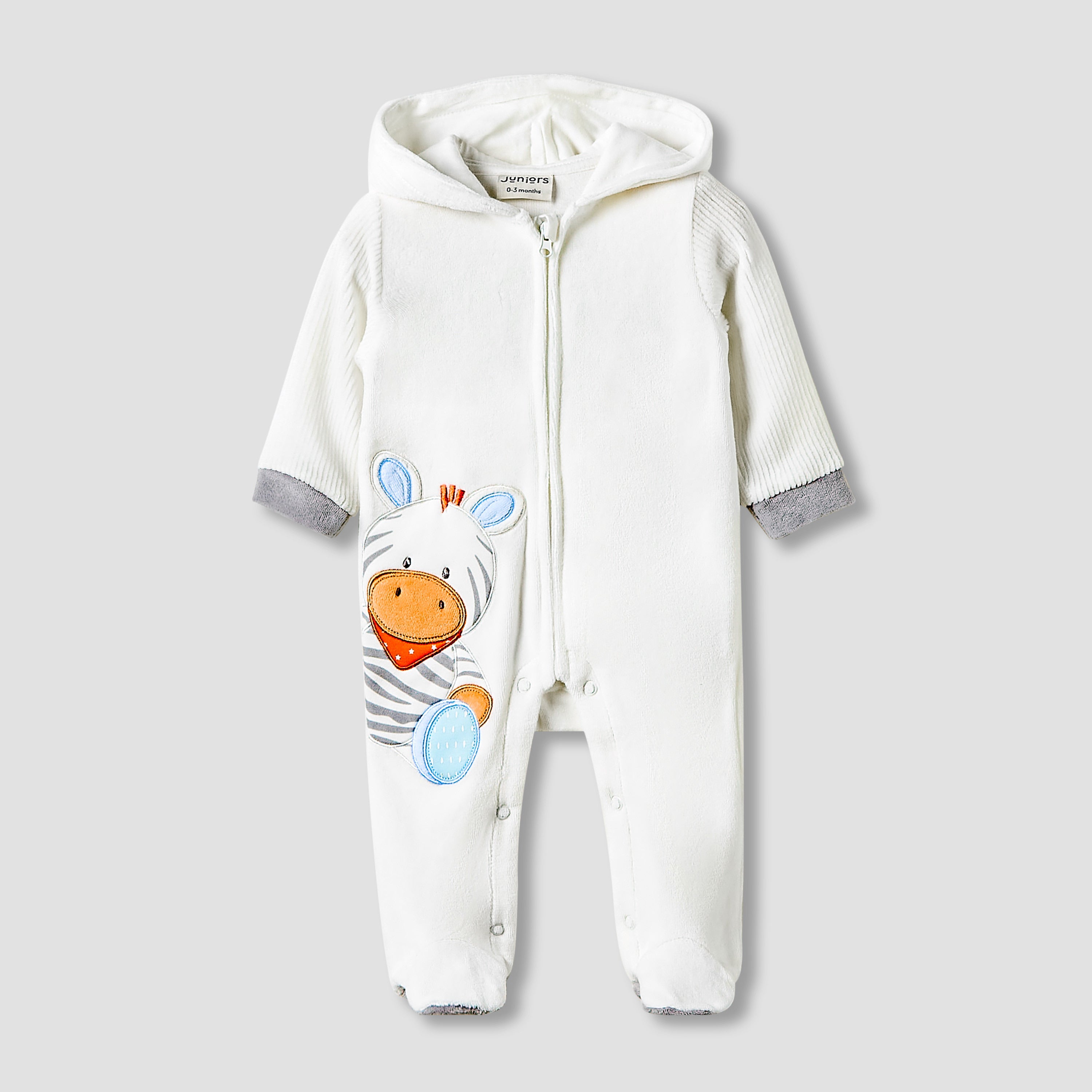 Juniors Hooded Sleepsuit with Zebra Applique - Long Sleeves - White / 9-12 mths