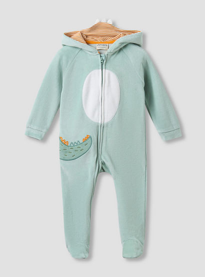 Juniors Hooded Closed Foot Sleepsuit with Alligator Applique - Velour - Long Sleeves-baby-boys-clothing-nightwear-sleepsuits-image-1