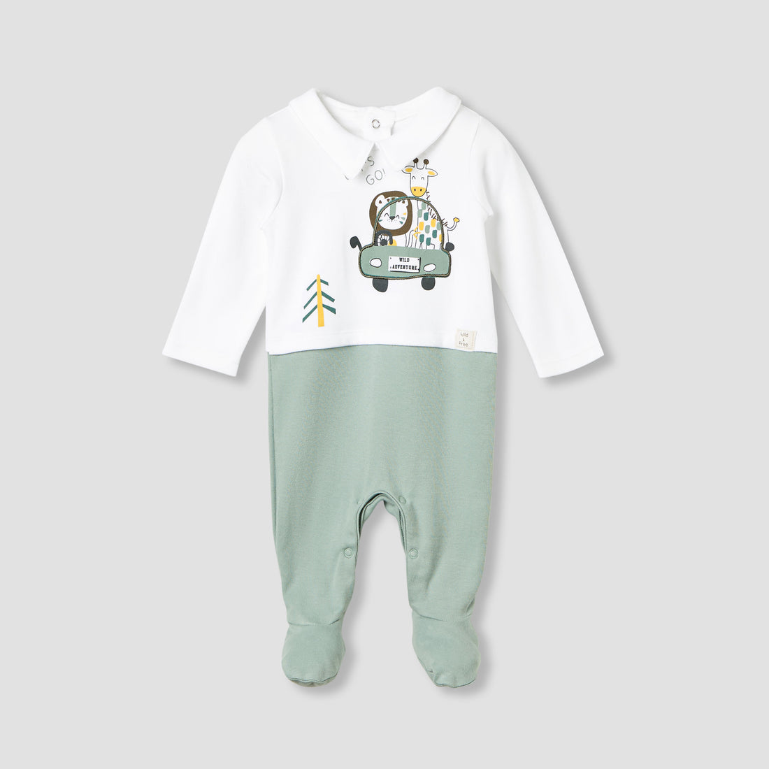 Juniors Collared Sleepsuit with Safari Print - Cotton - Long Sleeves - Green / 9-12 mths