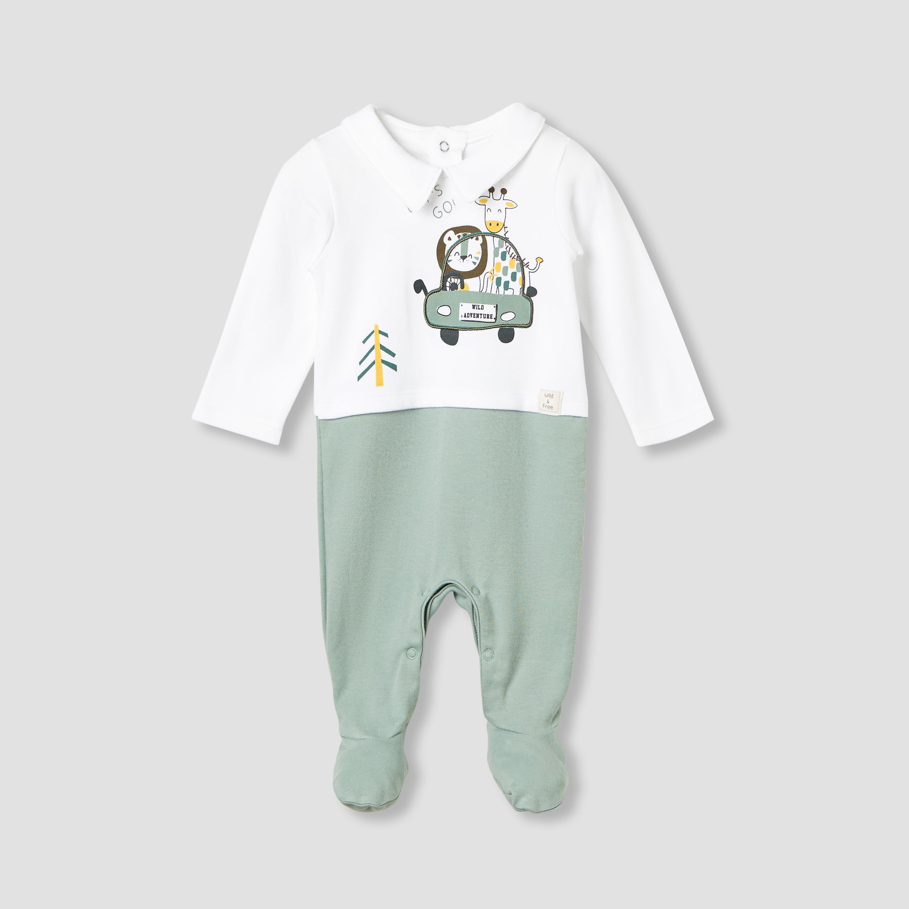 Juniors Collared Sleepsuit with Safari Print - Cotton - Long Sleeves - Green / 9-12 mths
