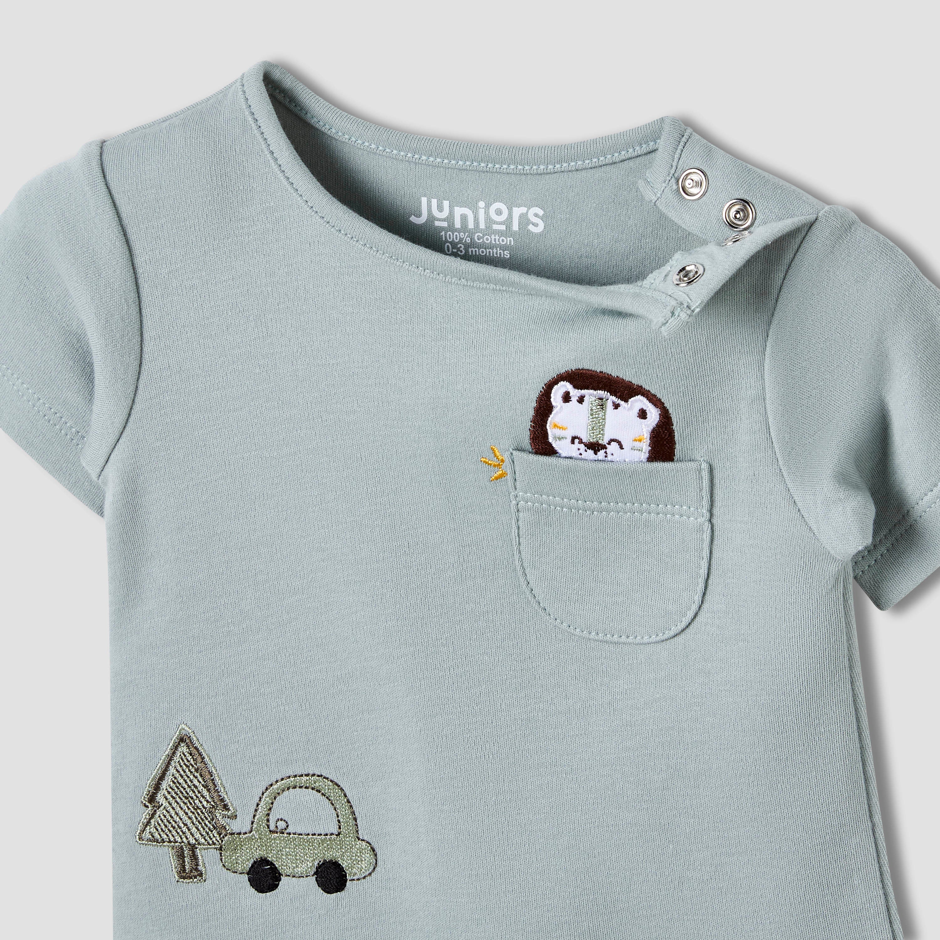 Juniors Round Neck Romper with Fun Embroidery - Cotton - Short Sleeves