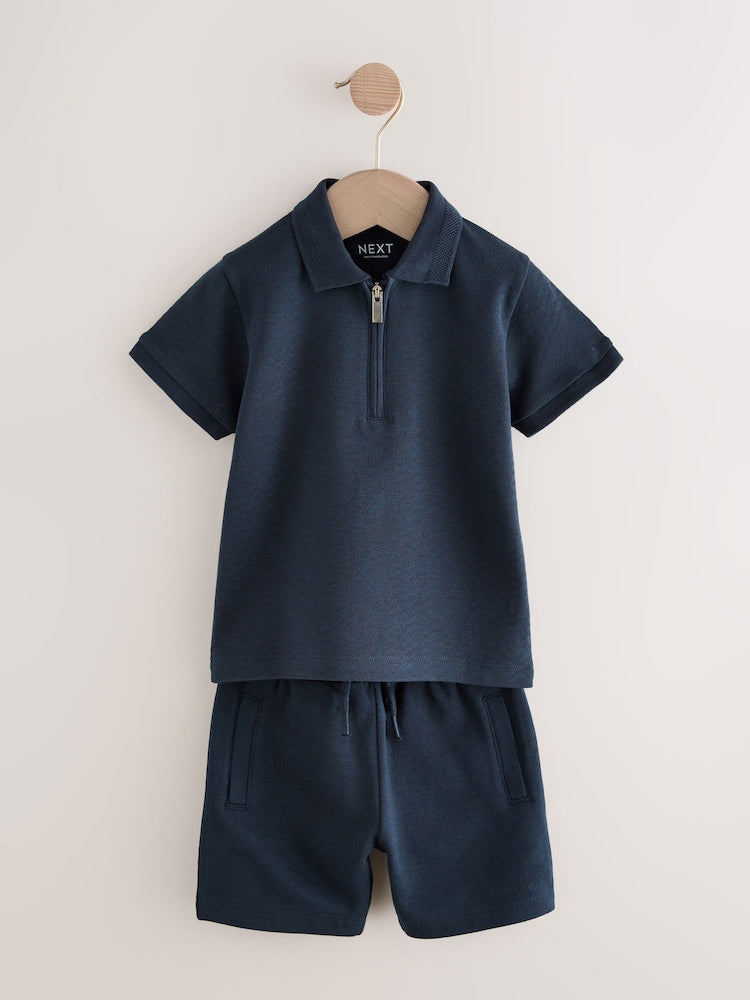 Navy Textured Short Sleeve Polo Shirt And Shorts Set (3mths-7yrs)