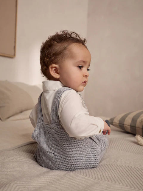 Grey/White Woven Cotton Baby Dungaree and Bodysuit Set (0mths-3yrs)