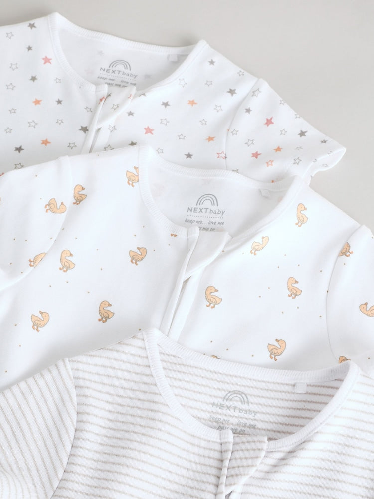 White 100% Cotton Two Way Zip Romper Sleepsuits 3 Pack (0mths-3yrs)