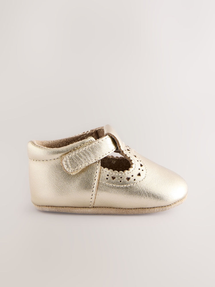 Gold Leather Baby T-Bar Shoes (0-24mths) - Size Up To 3 Months (50 - 62cm)