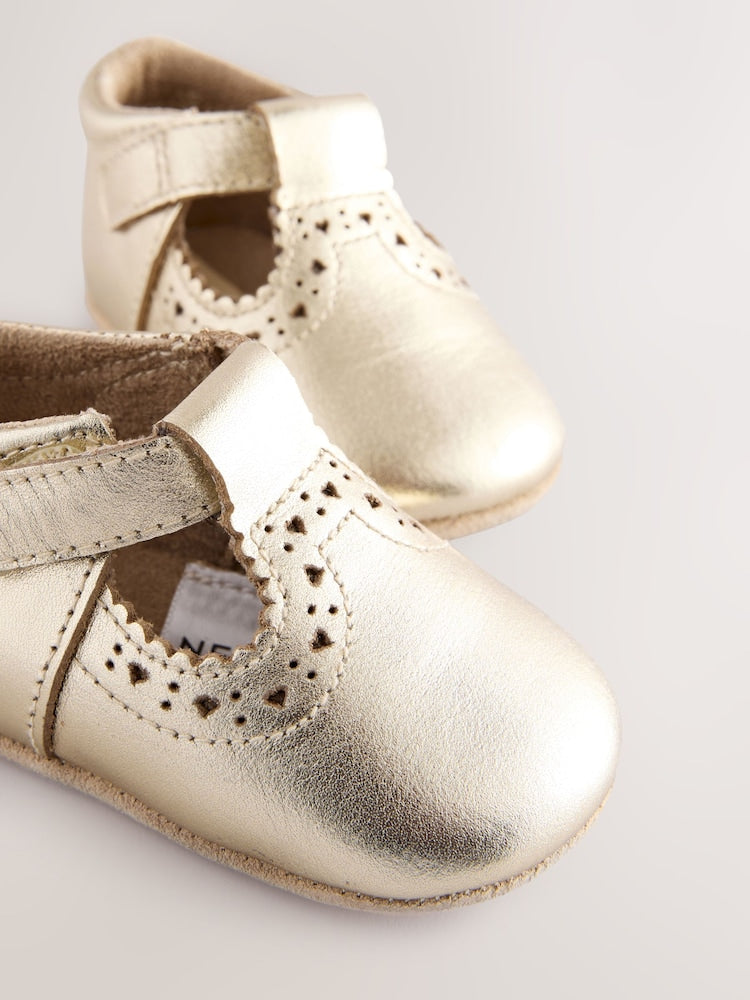 Gold Leather Baby T-Bar Shoes (0-24mths) - Size Up To 3 Months (50 - 62cm)