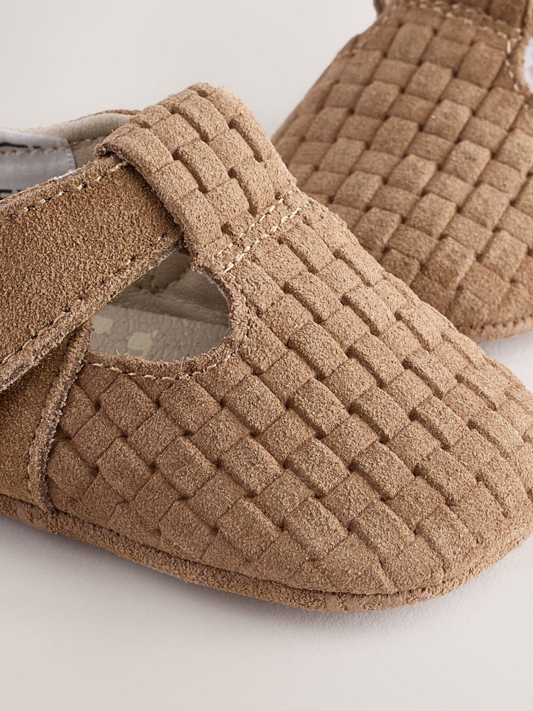 Tan Woven Suede Leather Baby T-Bar Shoes (0-24mths)