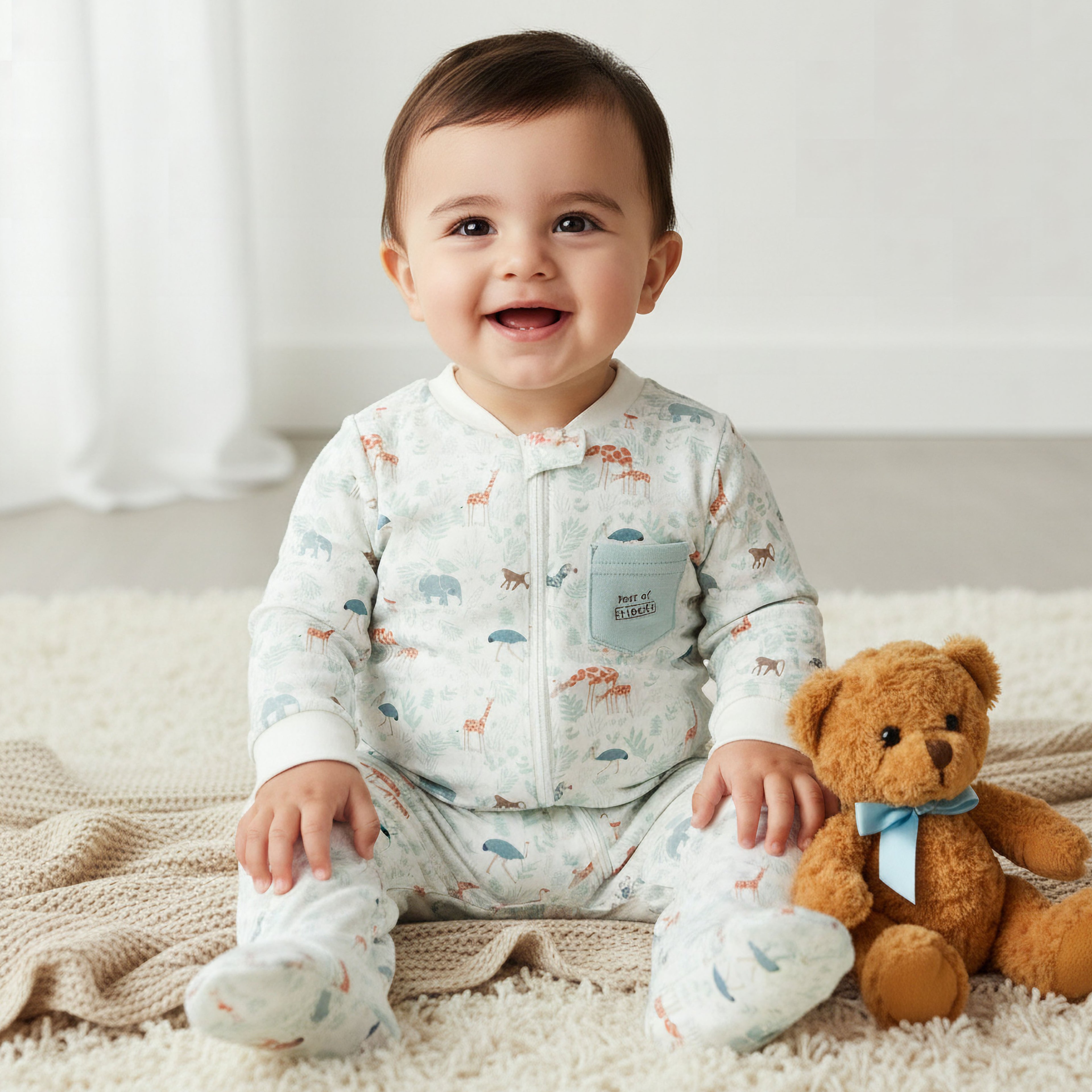 Juniors Cotton Mandarin Collar Long Sleeves Sleepsuit with Safari Print
