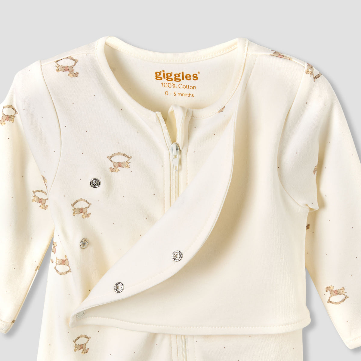 Giggles Cotton Round Neck Long Sleeves Sleepsuit with Rocking Horse Print