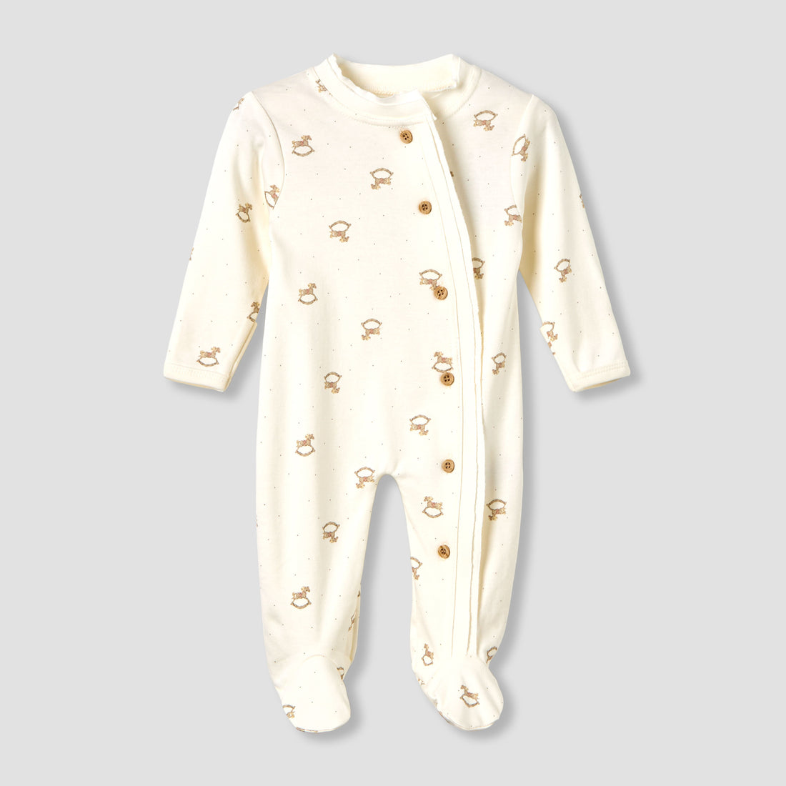 Giggles Cotton Round Neck Long Sleeves Sleepsuit with Rocking Horse Print - Cream / 9-12 mths