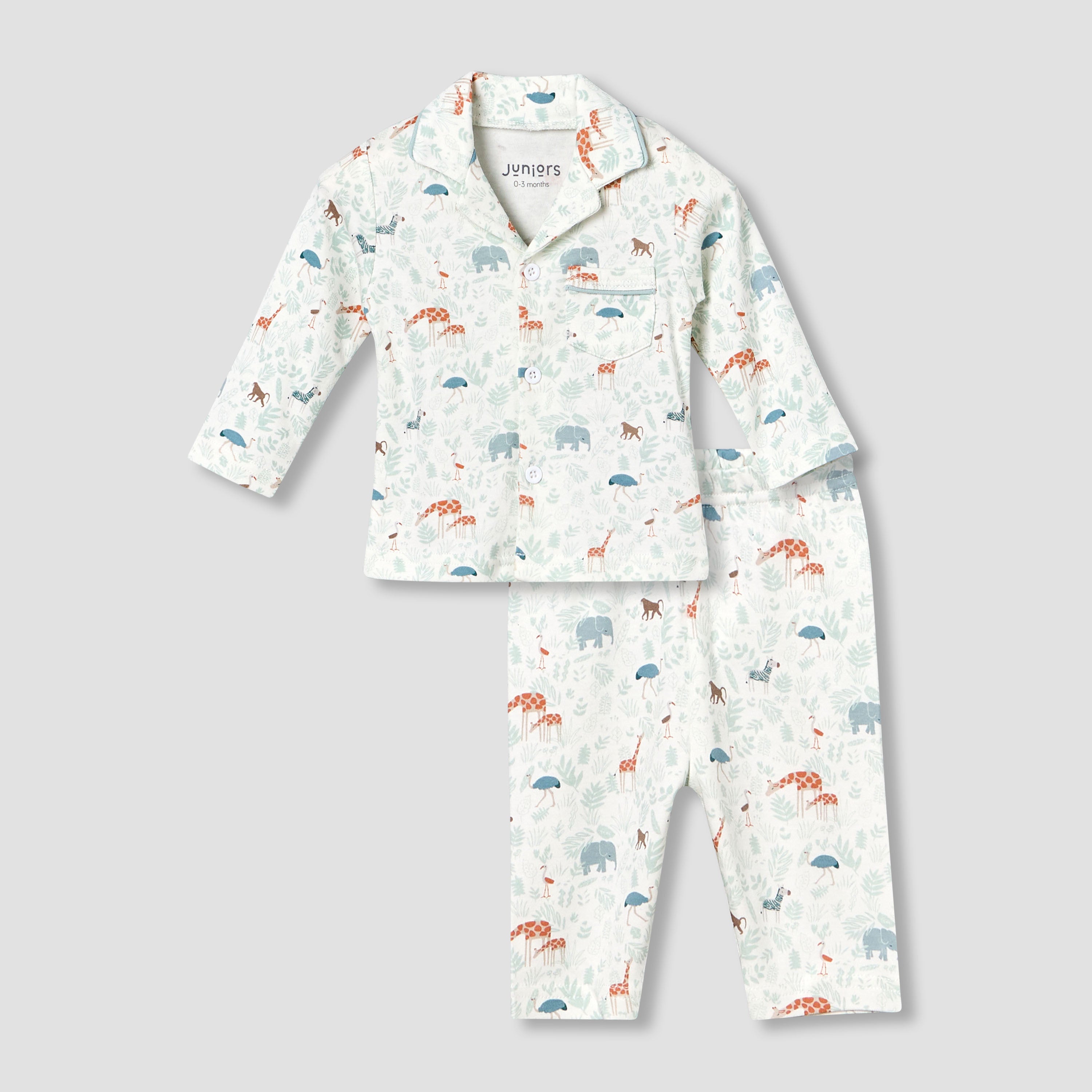 Juniors Cotton Collared Long Sleeve Pyjama Set with Animal Print