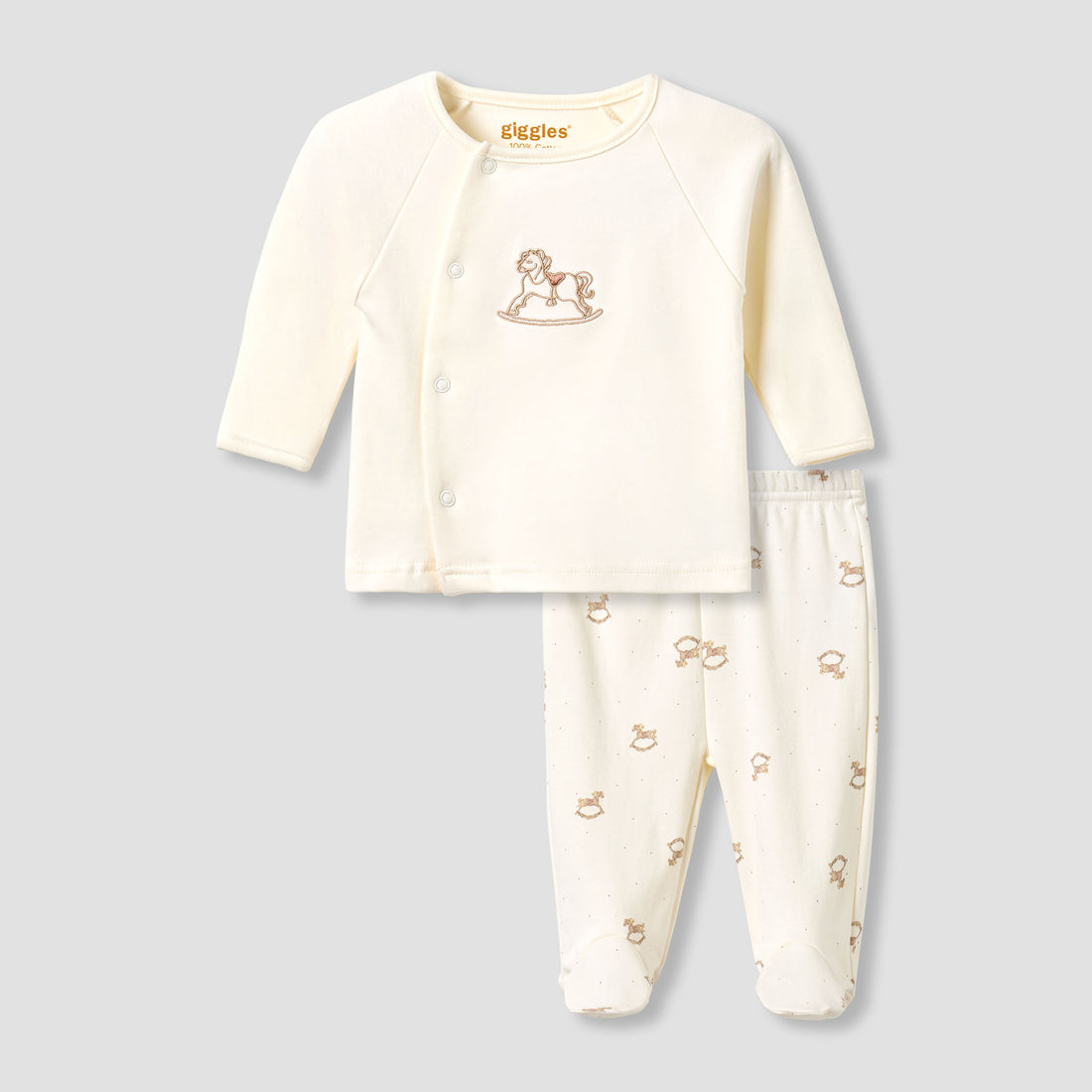 Giggles Cotton Round Neck Long Sleeves Pyjama Set with Rocking Horse Embroidery - Cream / 12-18 mths