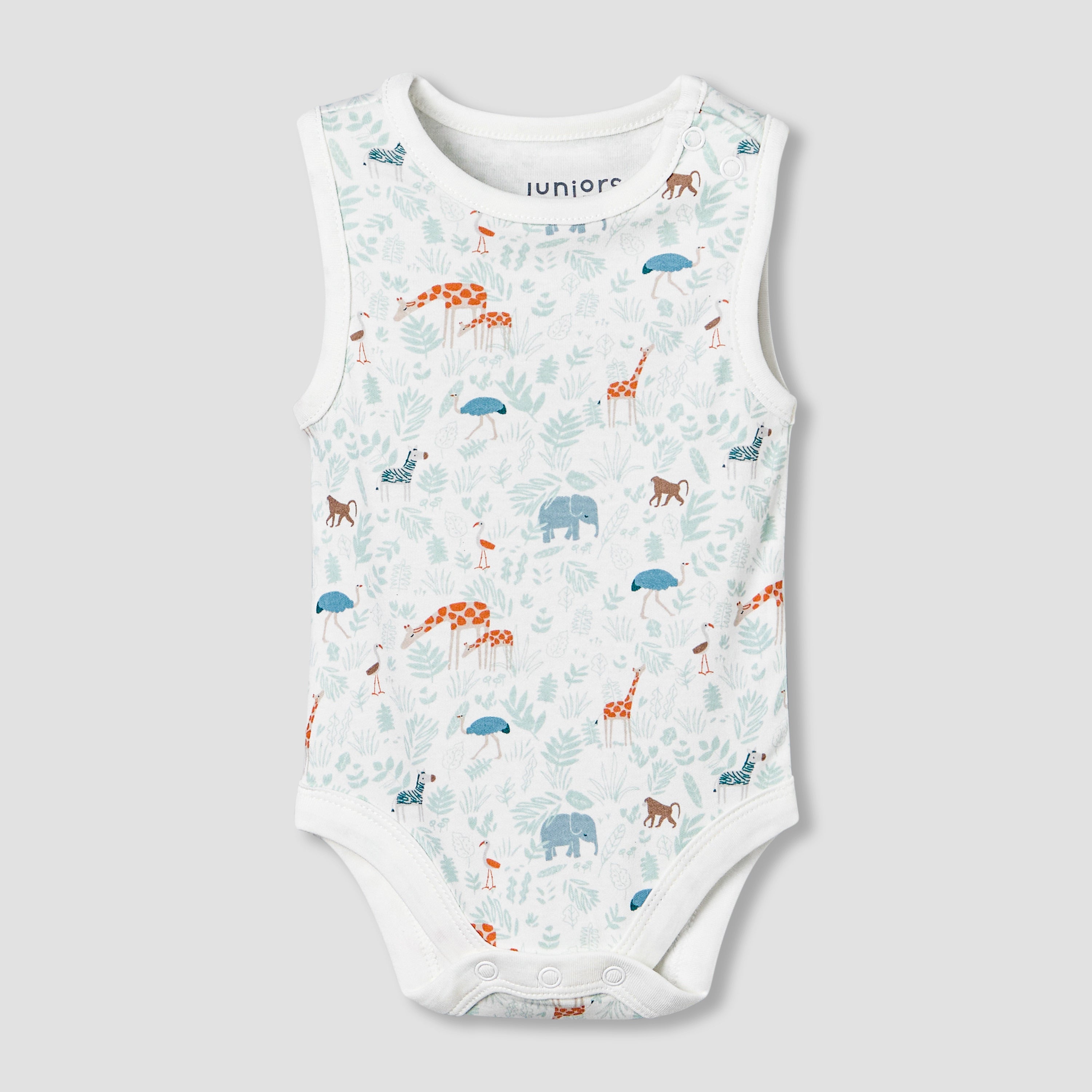 Juniors Round Neck Sleeveless Bodysuit with Safari Print - White / 12-18 mths