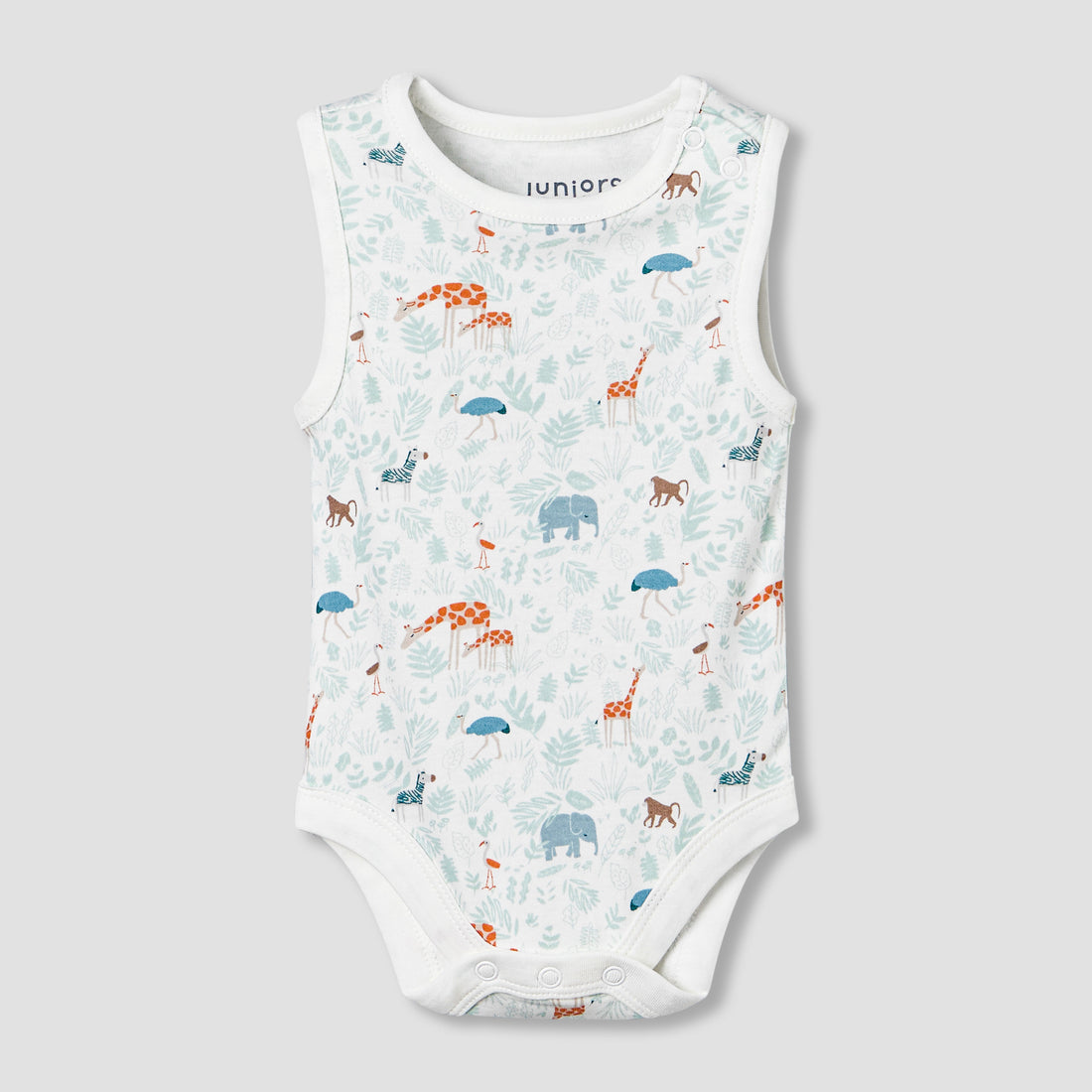 Juniors Round Neck Sleeveless Bodysuit with Safari Print