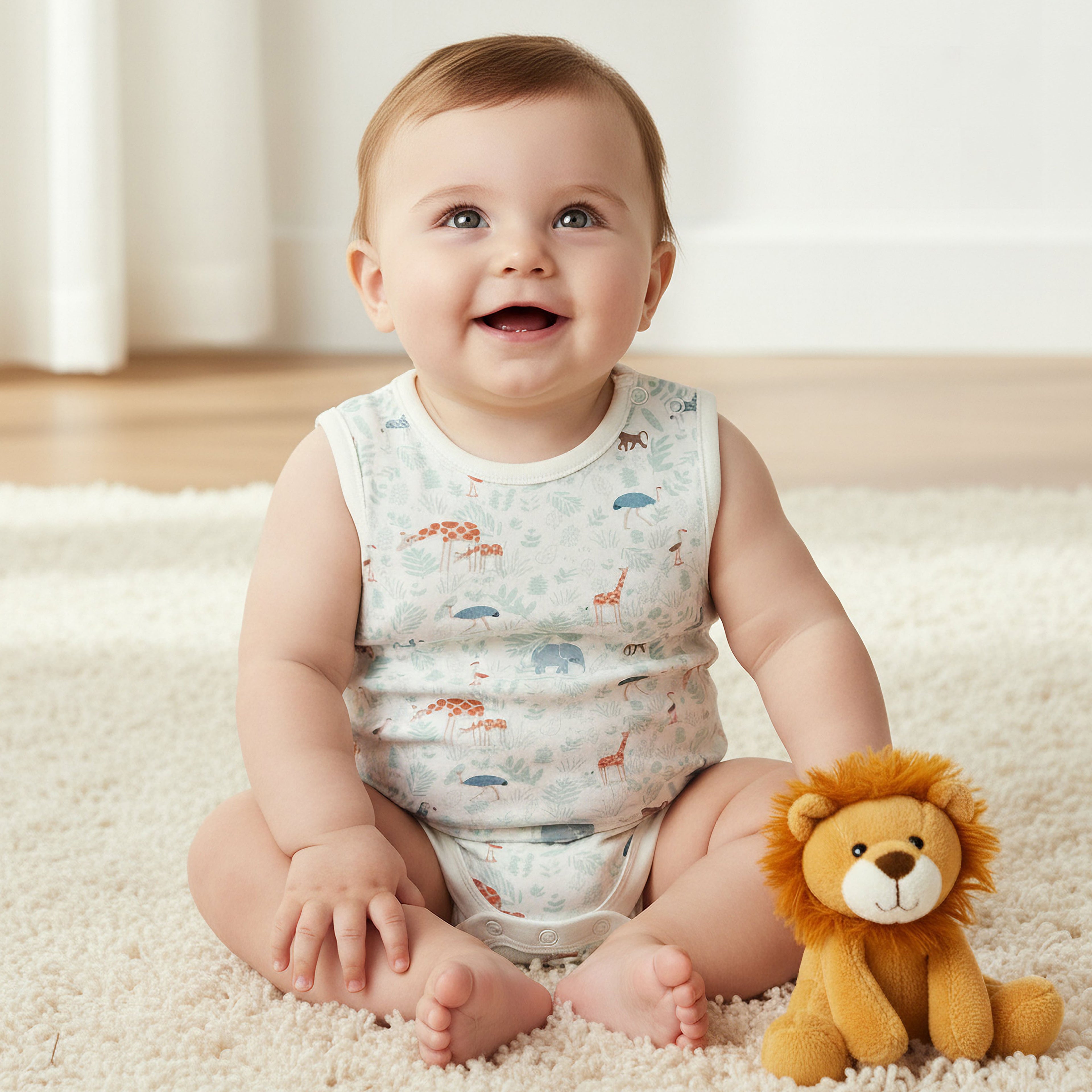 Juniors Round Neck Sleeveless Bodysuit with Safari Print - White / 12-18 mths