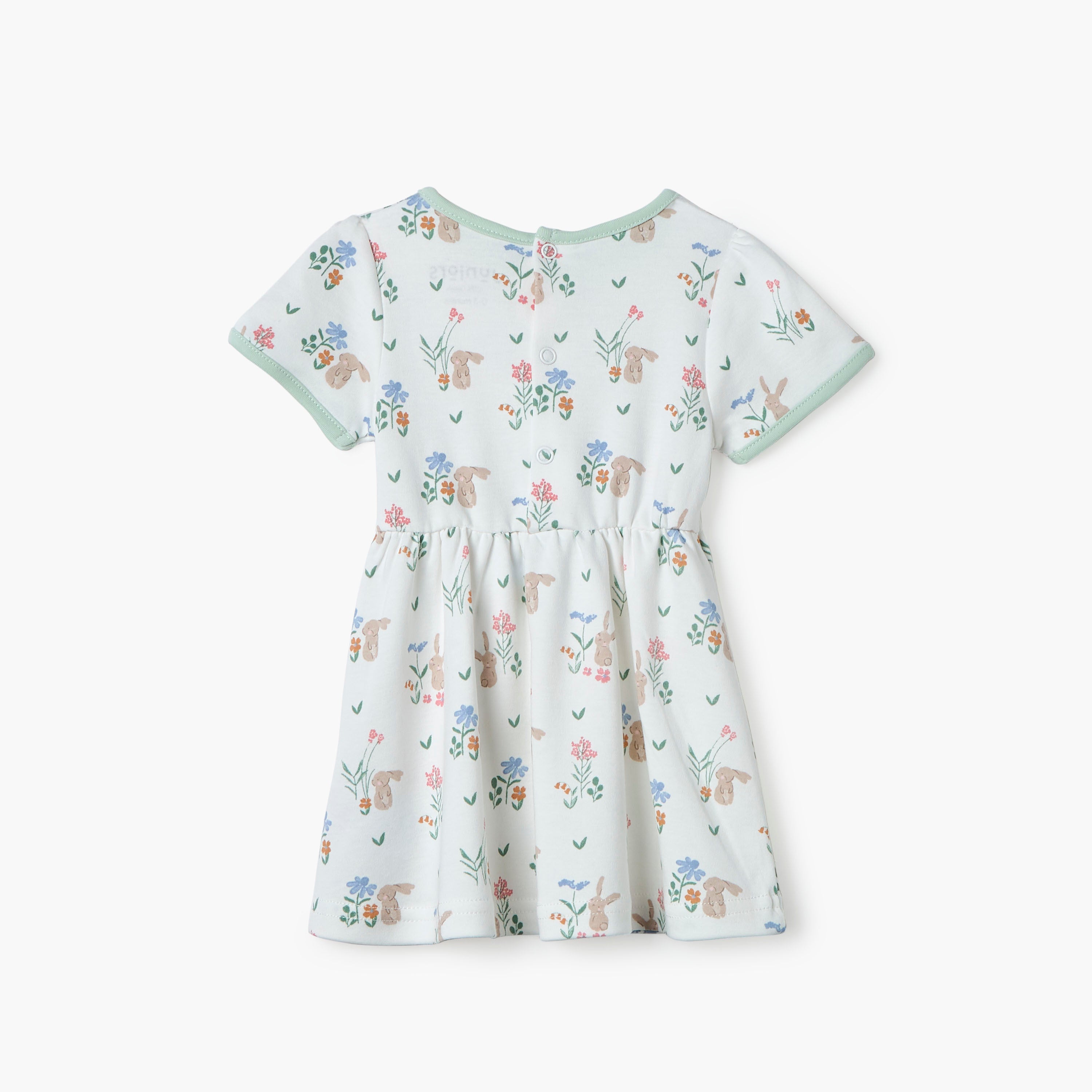Juniors Bunny Print A-line Dress with Round Neck and Short Sleeves