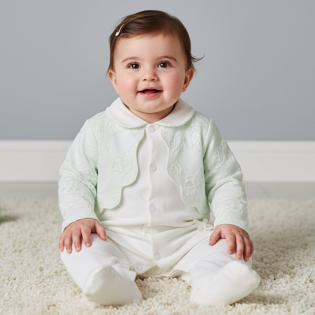 Giggles Cotton Collared Long Sleeves Sleepsuit with Lace Detail - Green / 9-12 mths