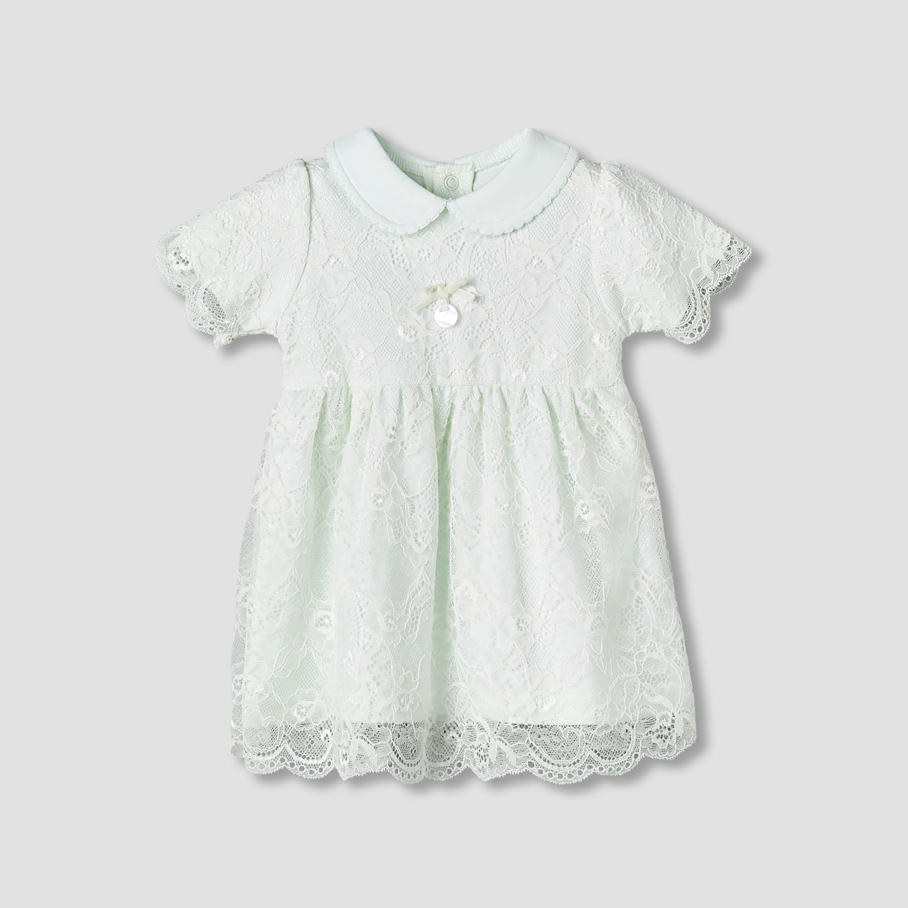 Giggles Peter Pan Collar Short Sleeves A-Line Dress with Lace Detail - Green / 12-18 mths