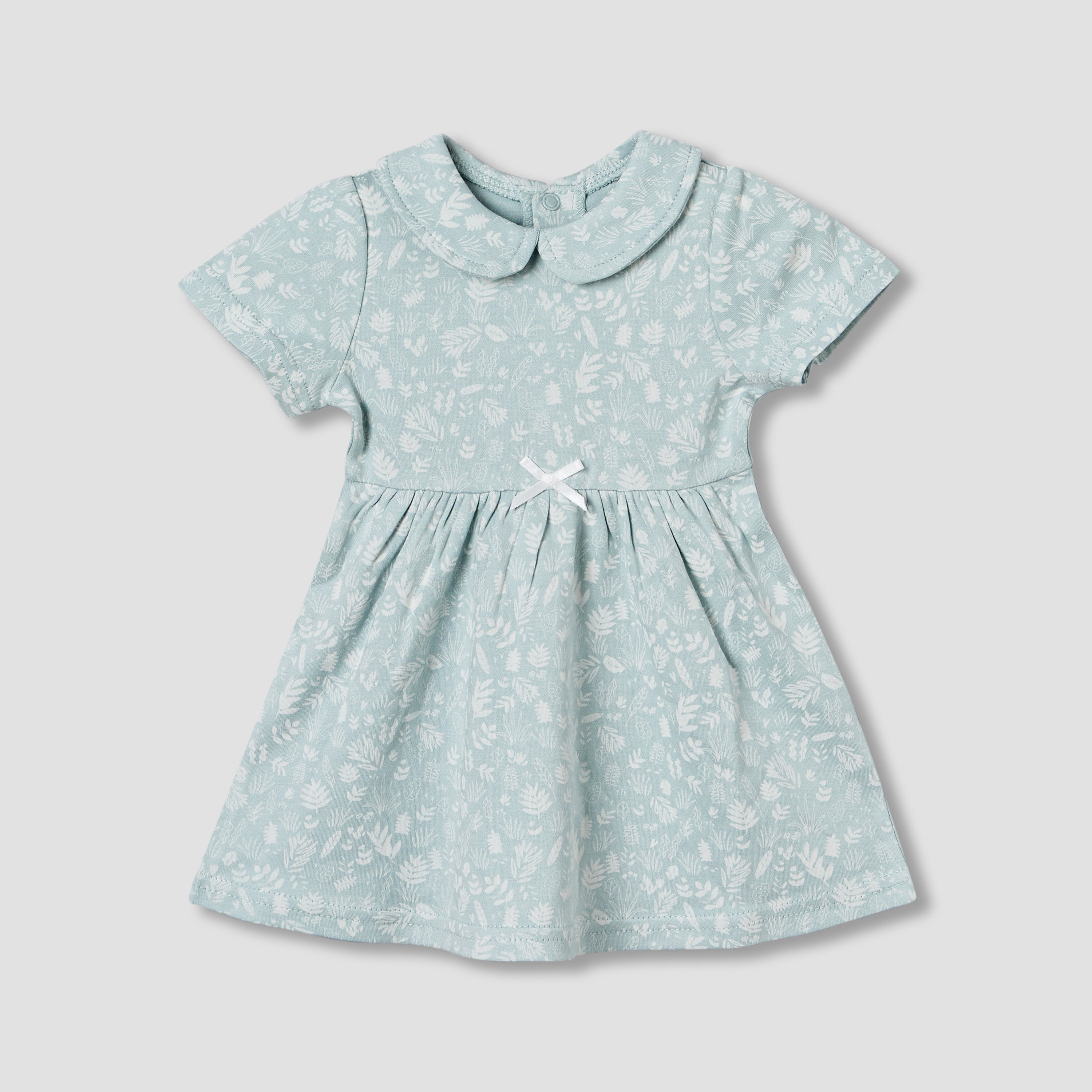 Juniors Peter Pan Collar Short Sleeve A-line Dress with Floral Print - Green / 12-18 mths