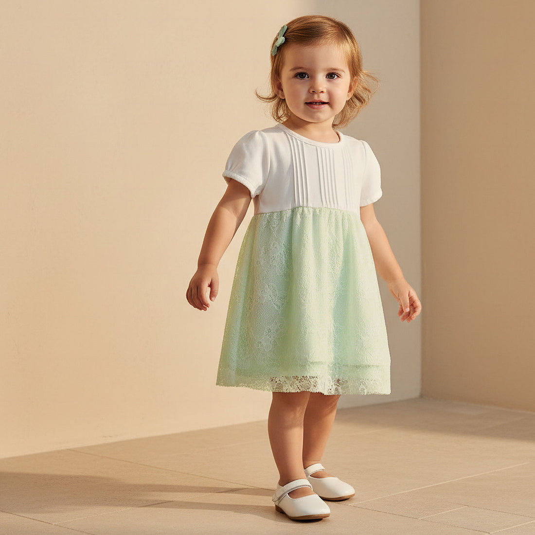 Giggles Round Neck Short Sleeves A-Line Dress with Lace Detail - Green / 12-18 mths
