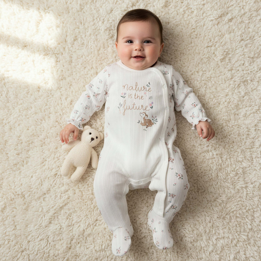 Juniors Cotton Round Neck Long Sleeves Sleepsuit with Floral Print - White / 9-12 mths