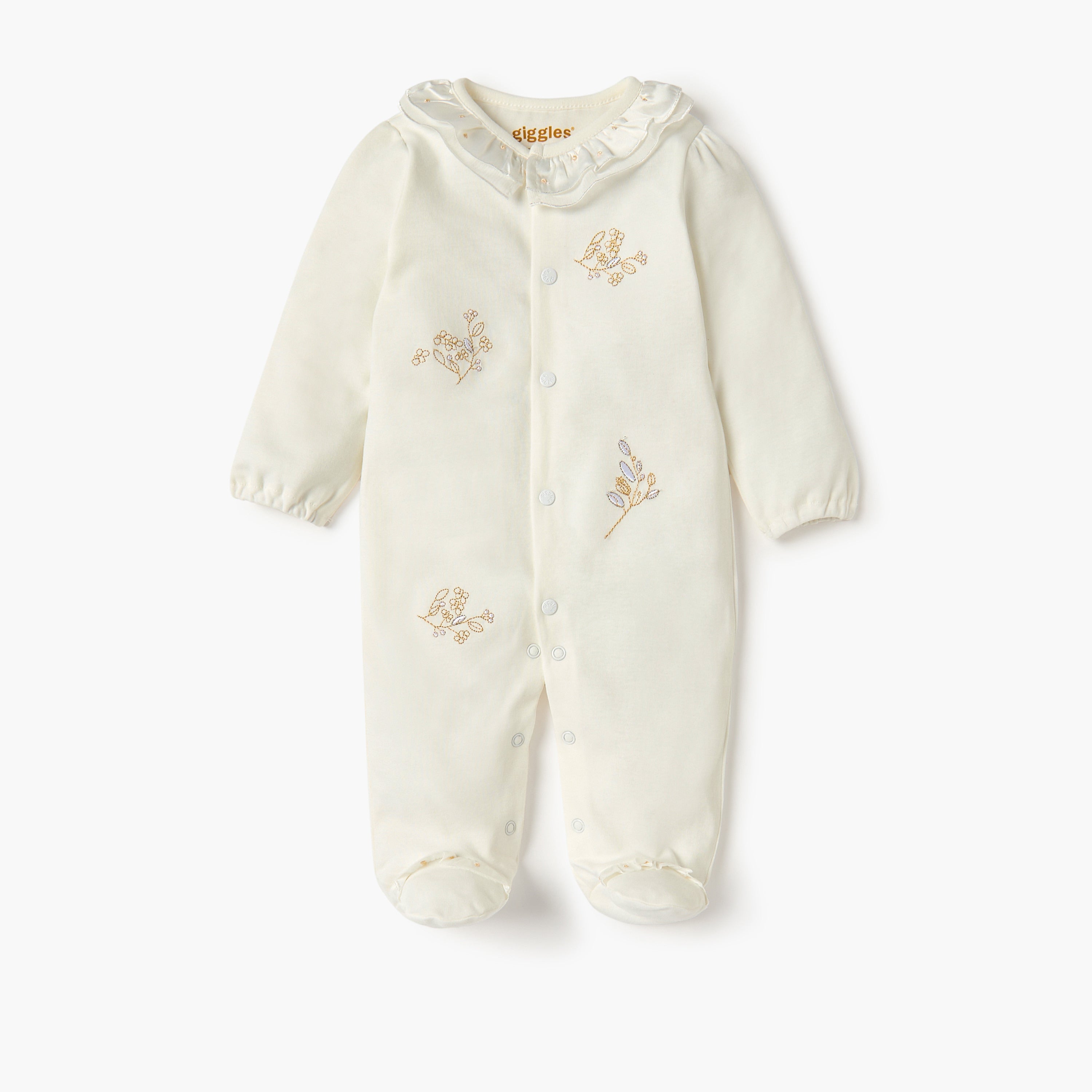 Giggles Embroidered Closed Feet Sleepsuit with Long Sleeves - Cream / 12-18 mths