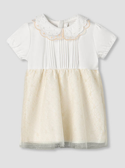 Giggles Peter Pan Collar Short Sleeves Knee Length A-line Dress with Floral Embroidary-baby-girls-clothing-dressesandjumpsuits-image-1