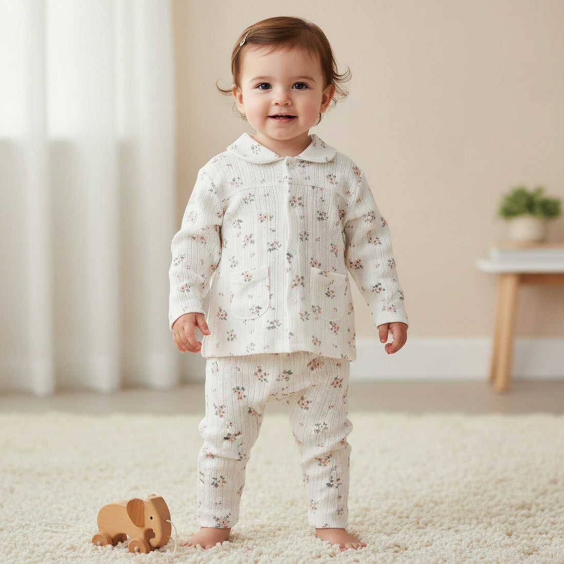 Juniors Cotton Long Sleeves Pyjama Set with Floral Print - White / 12-18 mths