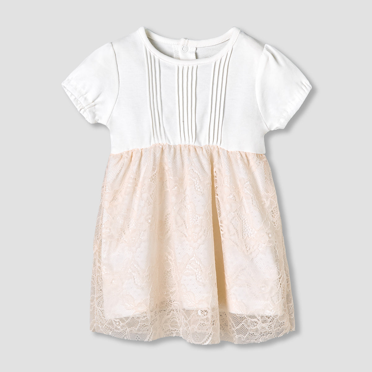 Giggles Round Neck Short Sleeves A-Line Dress with Lace Detail