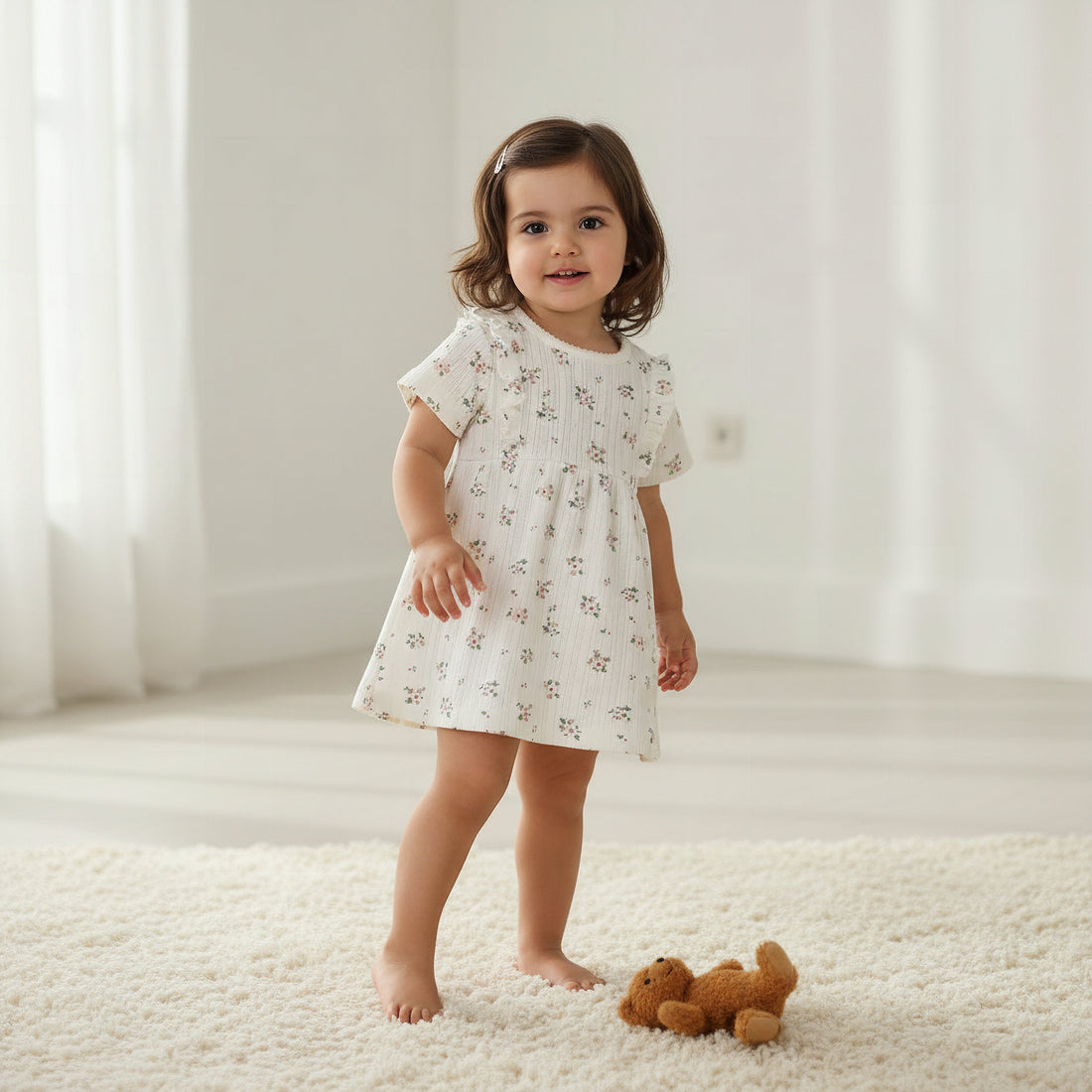 Juniors Round Neck Short Sleeves A-line Dress with Floral Print - White / 12-18 mths