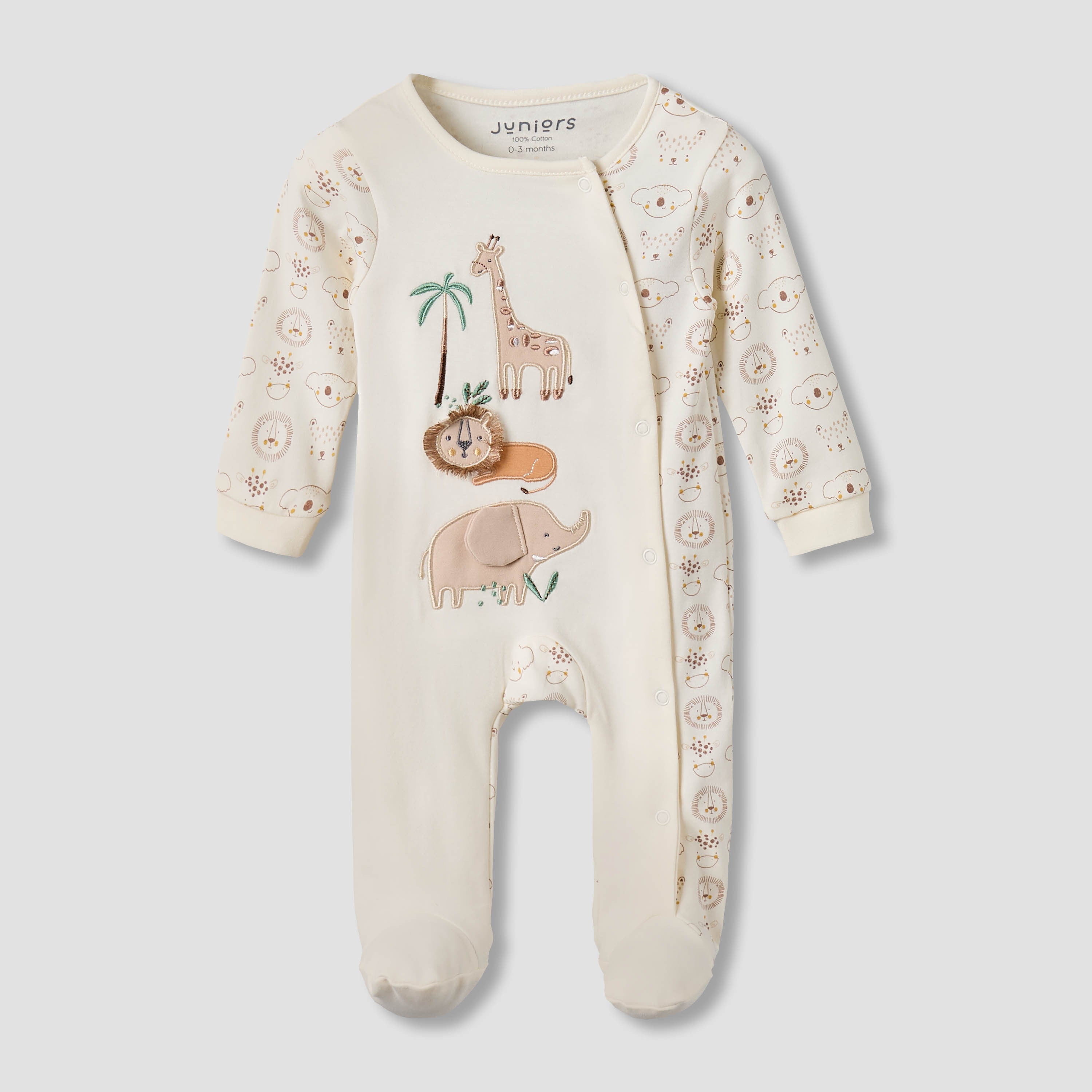Juniors Cotton Round Neck Long Sleeves Sleepsuit with Snap Button Closure - White / 9-12 mths