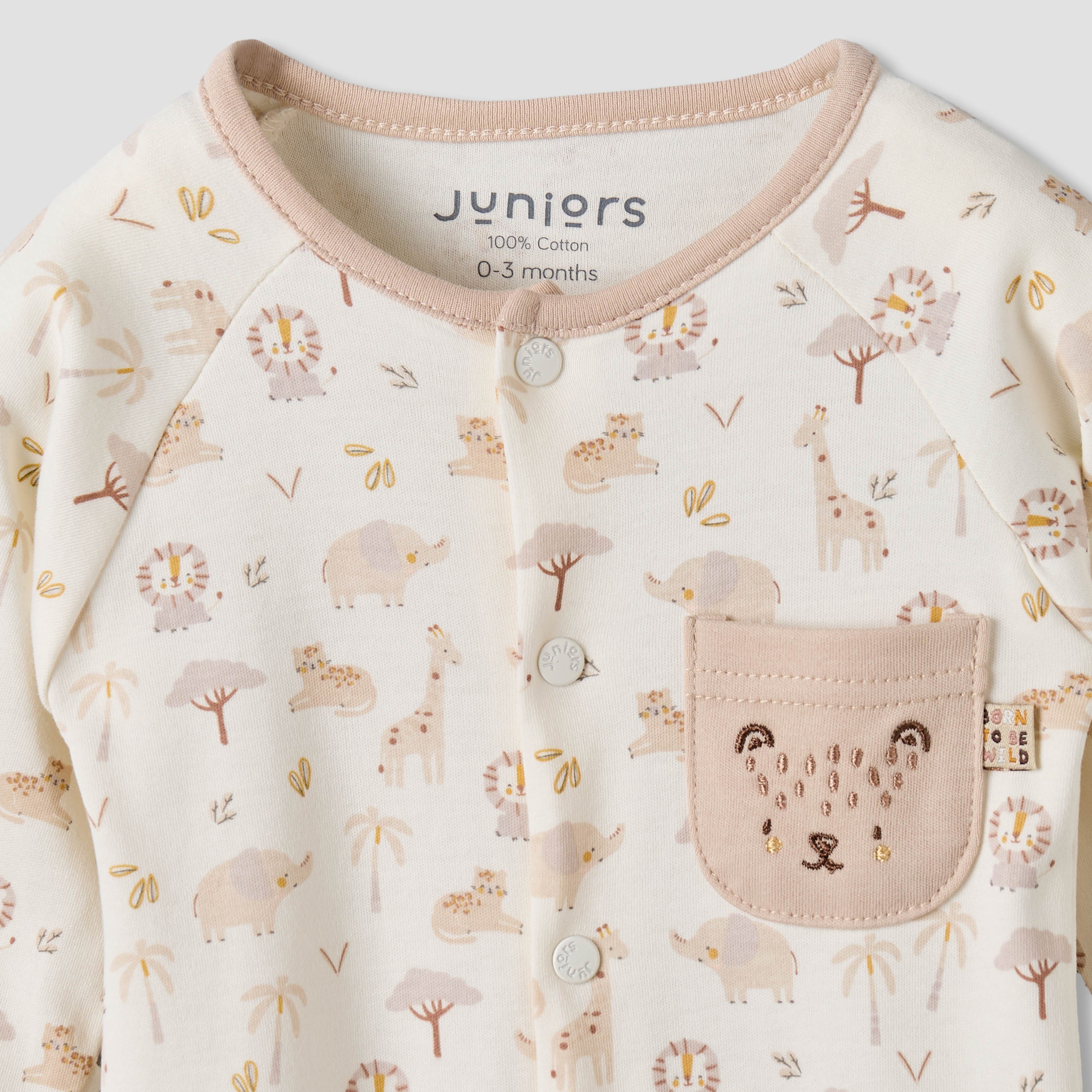 Juniors Cotton Round Neck Long Sleeves Sleepsuit with Safari Print